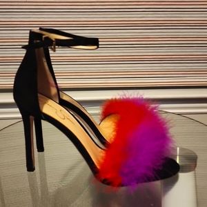 New Black furry ankle strap heels size 10